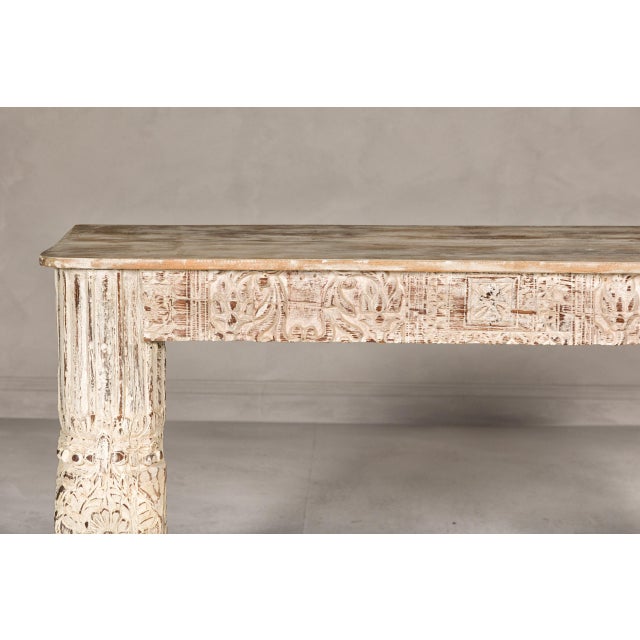 Cream Mughal Style Whitewash Console Table with Carved Apron and Lower Shelf For Sale - Image 8 of 12