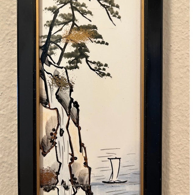 A stunning mid-century Japanese hand-painted porcelain tile panel, signed by the artist Ryuzan (é¾å±±). This vertical...