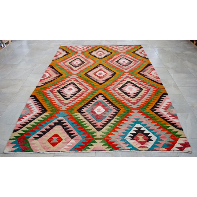 Vintage Turkish Rug Kilim, Handwoven Primitive Tribal Statement, Bohemian Area Rug - 6′4″ X 9′4″ For Sale - Image 9 of 14