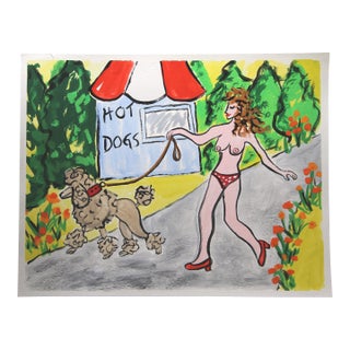 Poodle Dog Park Nude in Landscape Pop Art Americana Green Beige Red Gray Original Paiting by Cleo Plowden For Sale