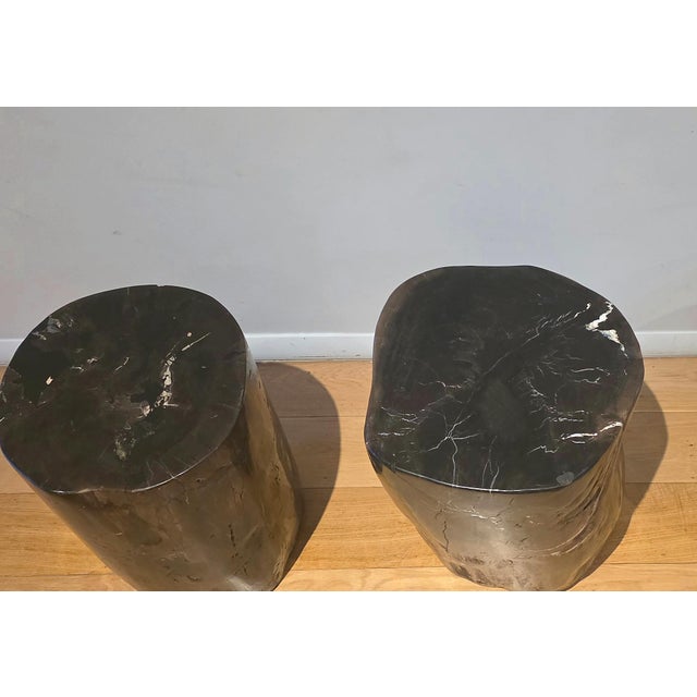 A striking pair of solid petrified wood side tables personally sourced and imported from Bali, Indonesia. Each table is...