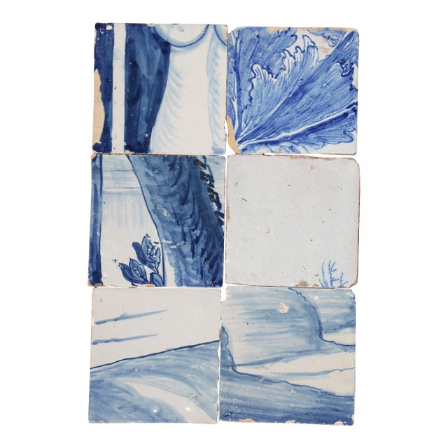 Antique Set of Six Baroque Portuguese Tiles, 18th Century Blue & White Scenic and Botanical Motifs For Sale