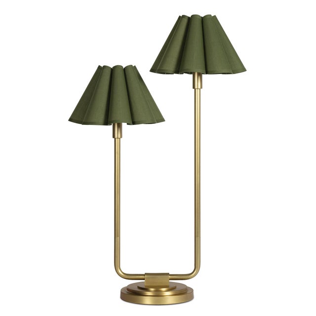Polly Double Arm Table Lamp, Natural Brass with Olive Scalloped Shade For Sale In Detroit - Image 6 of 6