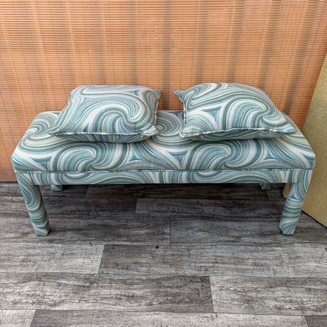 Vintage Early 21st Century Fully Upholstered Postmodern Bench with Cushions in the Parson Style. Features a classic fully-...