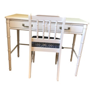 1960s Henry Link Chinoiserie Faux Bamboo Writing Desk With Chair White Bali Hai - Set of 2 For Sale