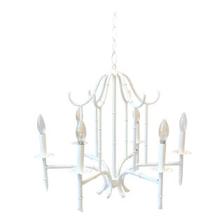 Vintage Faux Bamboo Pagoda White Chandelier - 6 Arm For Sale