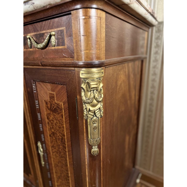 French Mid 20th Century Louis XVI Style Mahogany & Burl Side Cabinet With Marble Top For Sale - Image 3 of 5