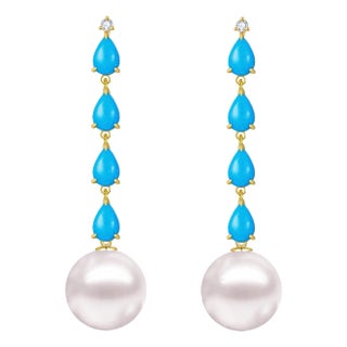 Nina Zhou Rythm Turquoise Diamond and Pearl Drop Earrings in 14k Yellow Gold - A Pair For Sale
