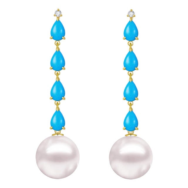 Nina Zhou Rythm Turquoise Diamond and Pearl Drop Earrings in 14k Yellow Gold - A Pair For Sale