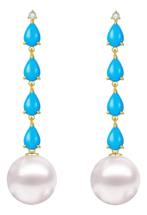 Nina Zhou Rythm Turquoise Diamond and Pearl Drop Earrings in 14k Yellow Gold - A Pair