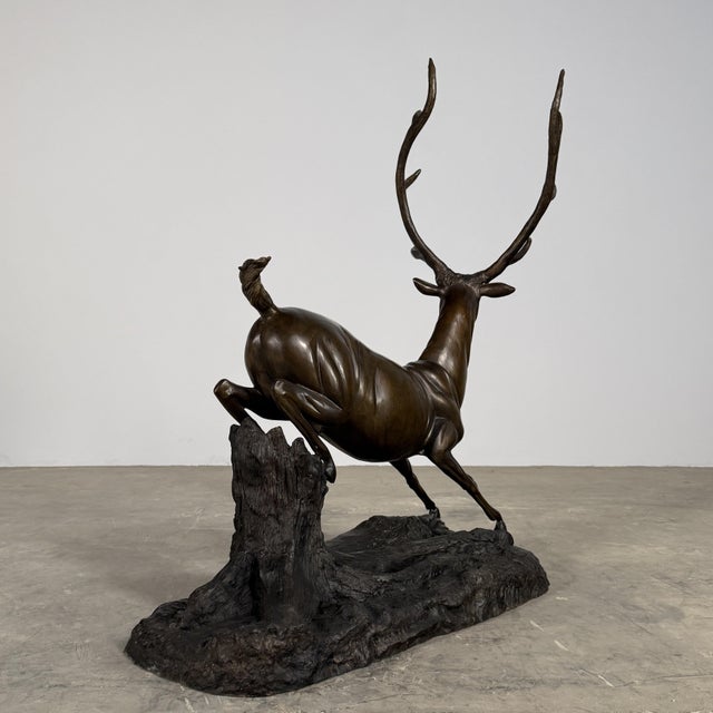 Large Bronze Stag Sculpture – Leaping Deer on Log Base, 36” H Wildlife Art For Sale - Image 11 of 13