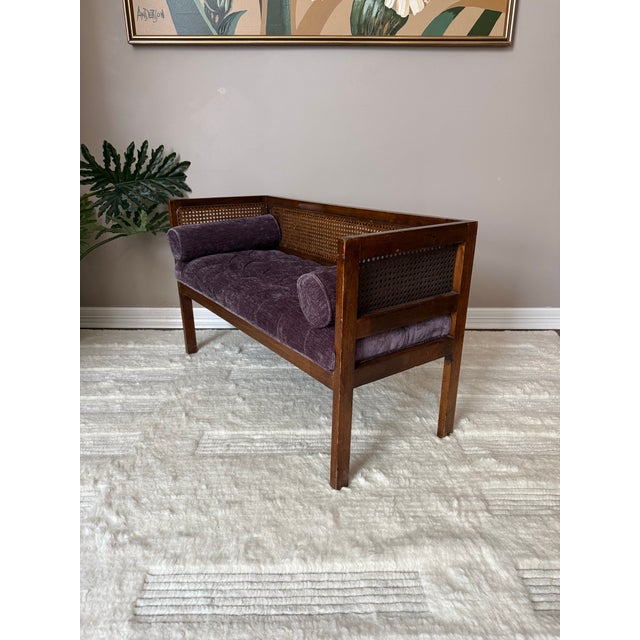 Purple 1950s Vintage Mid-Century Modern Tufted Cane Back Bench For Sale - Image 8 of 11