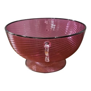 Circa 1960 Italian MCM Murano Cranberry Glass Optic Swirl Pattern Footed Centerpiece Bowl With Applied Handles/Attributed to Fratelli For Sale