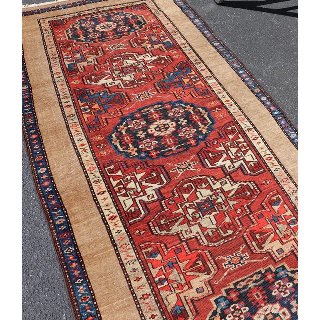 Antique Persian Camel Hair Serab Runner With Tribal Medallion Design Rug For Sale - Image 4 of 17