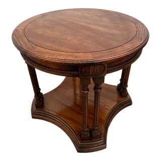 Vintage Round Side Table With Bottom Shelf Double Column Legs Solid Oak For Sale