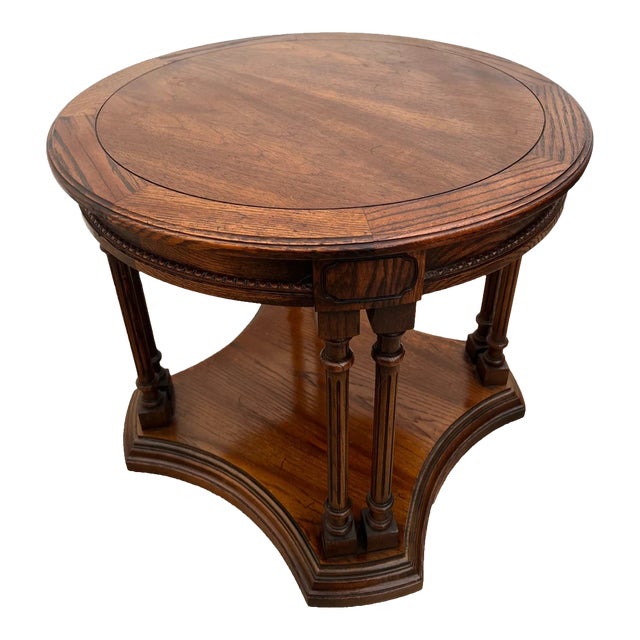 Vintage Round Side Table With Bottom Shelf Double Column Legs Solid Oak For Sale