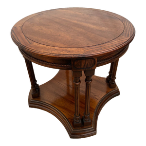 Vintage Round Side Table With Bottom Shelf Double Column Legs Solid Oak