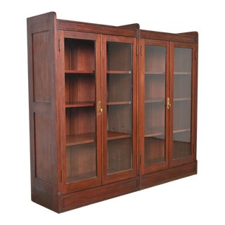 Antique Stickley Style Arts and Crafts Solid Mahogany Double Bookcase, Circa 1920s For Sale