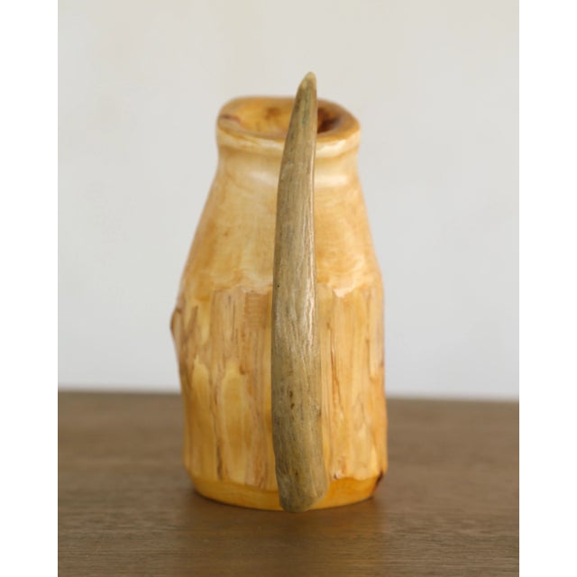 Rustic Handcarved Wooden Tankard With Antler Handle - Artisan Signed & Dated - Decorative Use as Vase For Sale - Image 4 of 13