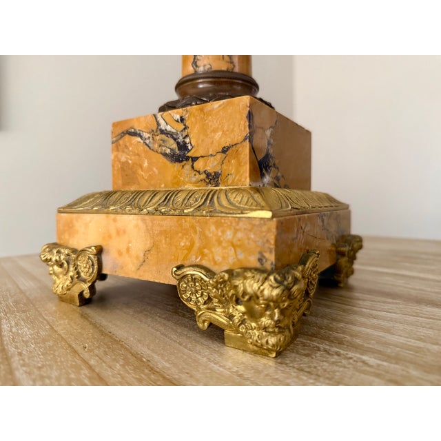 19th Century Pair Antique French Empire Patinated Bronze and Gold Bronze With Sienna Marble Candelabra, Circa 1840 For Sale - Image 5 of 10