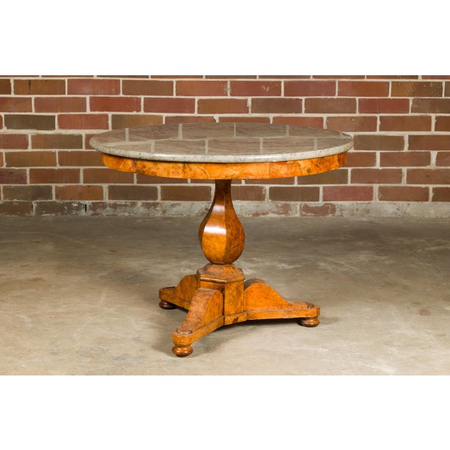 19th Century French Empire Walnut Pedestal Table with Round Marble Top and Tripod Base For Sale - Image 10 of 11