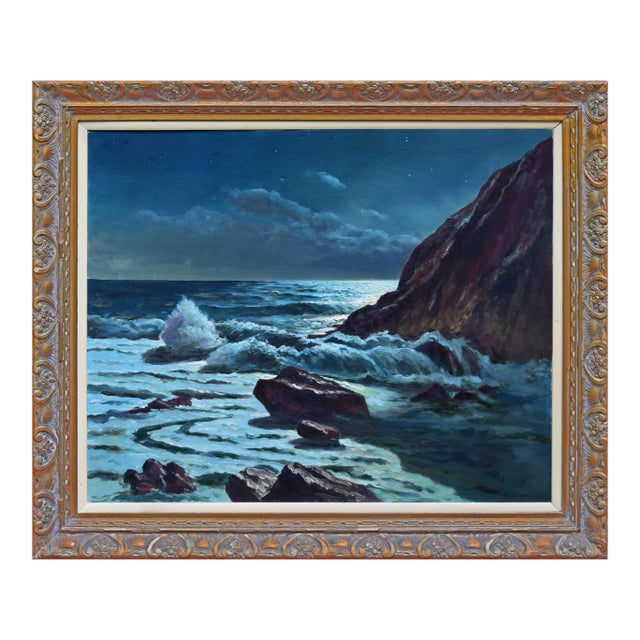 Large Vintage Mid Century Seascape Nocturne Oil Painting by Frank Ferruzza For Sale