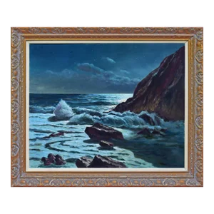Large Vintage Mid Century Seascape Nocturne Oil Painting by Frank Ferruzza