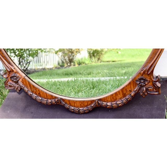 Satinwood Oval Wall Mirror Carved French Flower Basket Crest Decorative Frame For Sale - Image 14 of 15