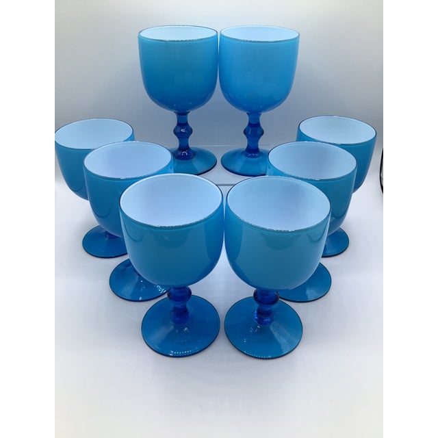 Mid-Century Modern Vintage Carlo Moretti Italy Blue White Cased Murano Glass Wine Water Glasses - Set of 8 For Sale - Image 3 of 7