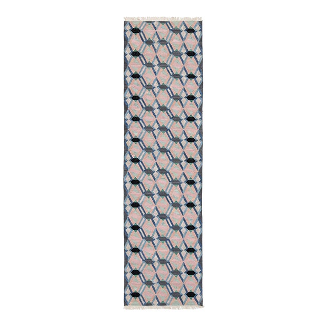 Modern Handmade Pastel Kilim Wool Runner – Flatweave Geometric by Apadana For Sale