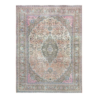 Vintage Persian Tabriz Distressed Light Red Wool Hand Knotted Rug For Sale