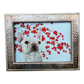 Contemporary Frenchie With Crabapples Small Dog Print by Judy Henn Vintage Embossed Metal Tabletop Frame For Sale