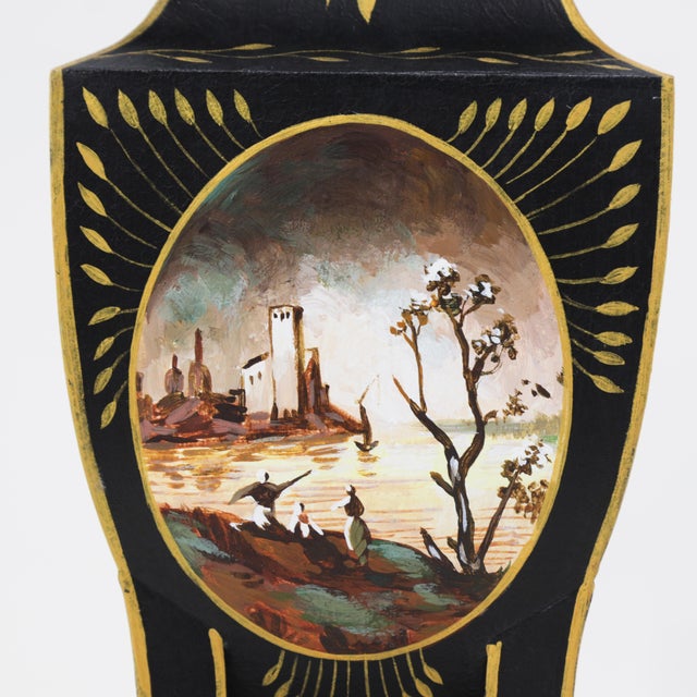 Vintage Hand Painted Black Tole Table Lamp With Scenic and Grape Motifs For Sale In New York - Image 6 of 10
