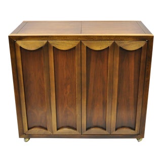 Mid Century Modern Sculptural Walnut Rolling Bar Cart Server For Sale