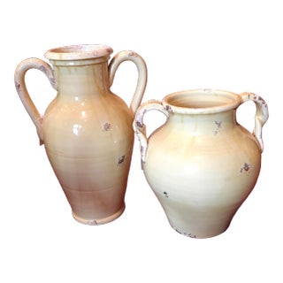 1960s Fortunata Light Yellow Earthenware Vessels Pottery Vases - Set of 2 For Sale