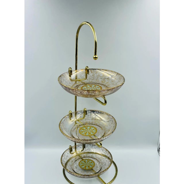 Rare Three Bowl George’s Briard Tower! This rare and wonderful mid-century modern set features gold leaf rim and gold leaf...