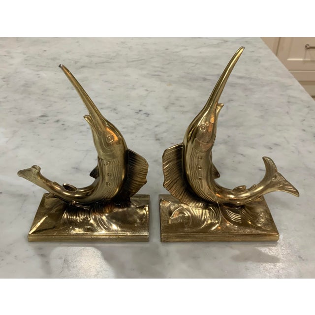 Pair of Vintage Swordfish / Marlin / Sailfish Bookends – Brass Finish - Heavy - Palm Beach Regency, Grandmillennial, Coastal, Ralph Lauren - See Pics! For Sale - Image 10 of 11