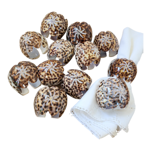 Leopard Cowrie Shell Hand-Carved and Scalloped Napkin Ring Holders- Set of 12