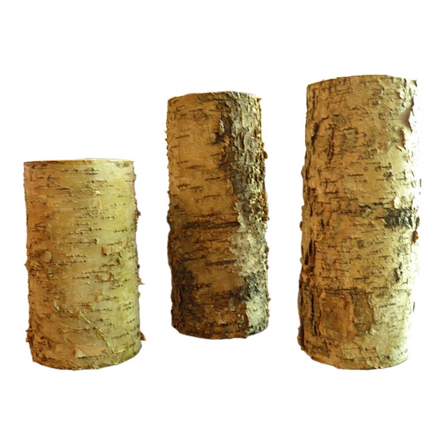 3 Rustic Birch Bark Wax Candles Led Flickering Flameless Lights 8”+8”+6” For Sale