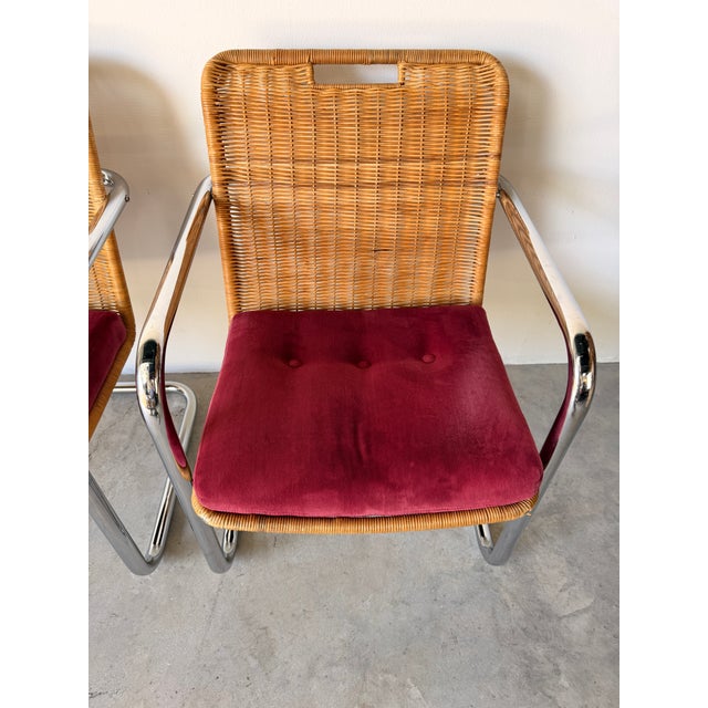 Wood Mid Century Modern Harvey Probber Style Chrome & Cane Cantilever Arm Chairs - A Pair For Sale - Image 7 of 18