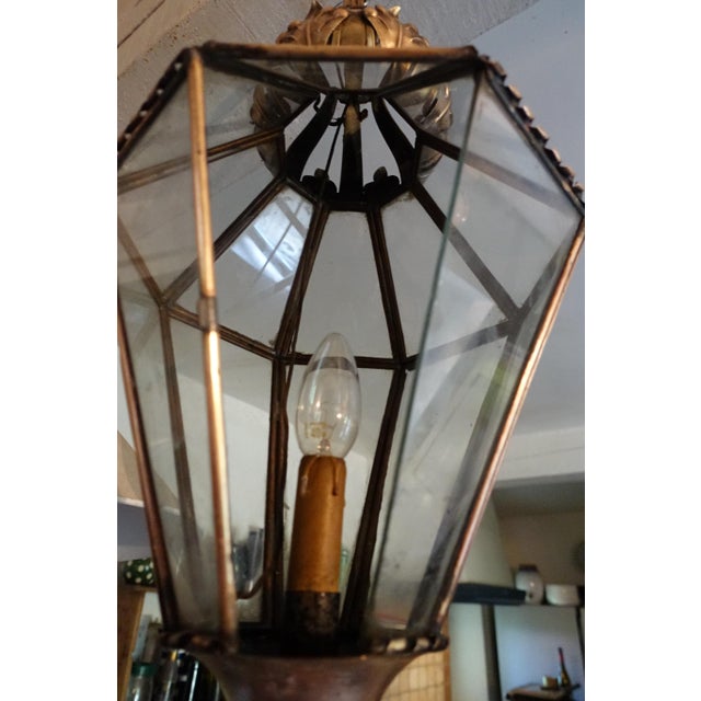 Gold Large Antique Hanging Lantern in Glass and Brass, 1890s For Sale - Image 8 of 9