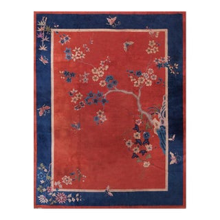 1920s Red Blue Floral Antique Chinese Art Deco Rug 8'10" X 11'8" Handknotted Wool Carpet For Sale