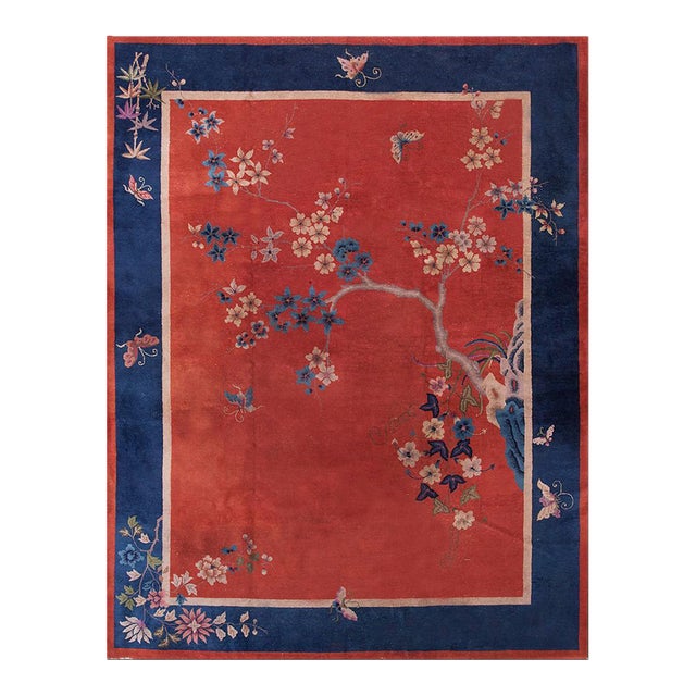1920s Red Blue Floral Antique Chinese Art Deco Rug 8'10" X 11'8" Handknotted Wool Carpet For Sale