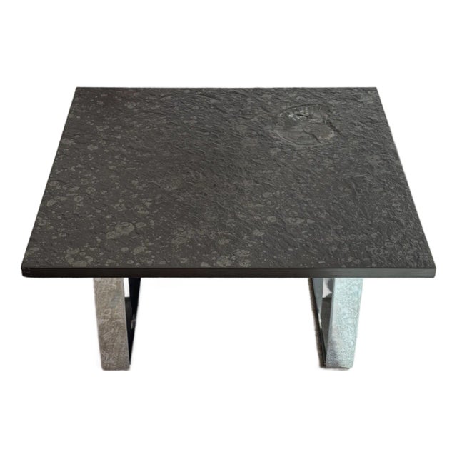 1970s Swabian Oil Shale & Chrome Coffee Table | 10" Ammonite Fossil | Original West German Provenance For Sale