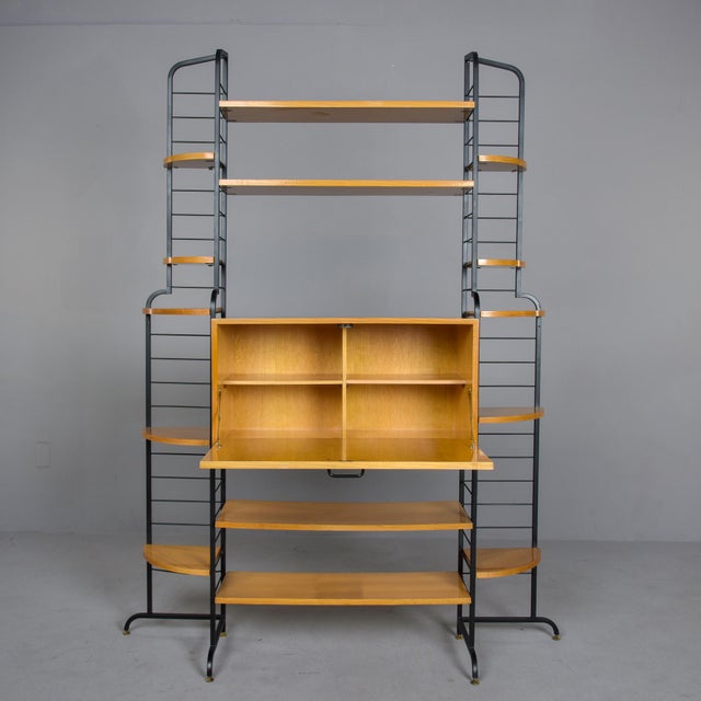 Mid Century Italian Free Standing Blond Wood and Black Metal Shelf Cabinet For Sale - Image 4 of 12
