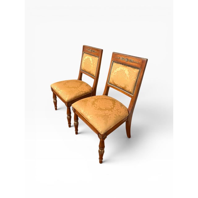 Henredon Pair of Henredon Grand Provenance Neoclassical Dining Side Chairs in Gold Damask Upholstery For Sale - Image 4 of 15