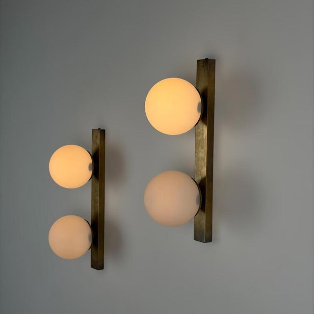 Metal Stilnovo Brass and Opaline Glass Double Sconces, Italy, 1960s, Set of 2 For Sale - Image 7 of 18