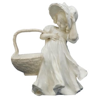 Art Nouveau Ceramic Figurine of Little Girl with Hat and Large Basket by Lefont for Goldscheider, Vienna, Austria, Late 1800s For Sale