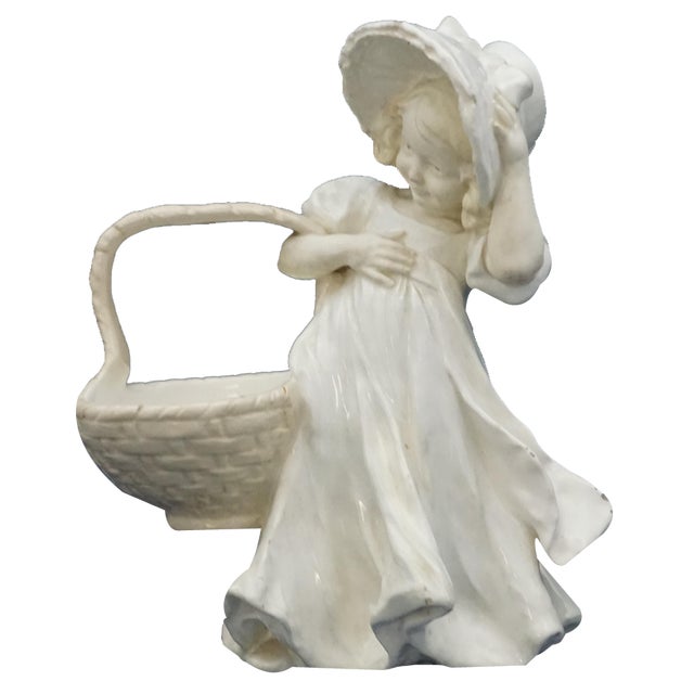 Art Nouveau Ceramic Figurine of Little Girl with Hat and Large Basket by Lefont for Goldscheider, Vienna, Austria, Late 1800s For Sale