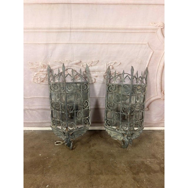 Army Green Pair of Gothic Revival Metal Iron Dragon Sconces For Sale - Image 8 of 12
